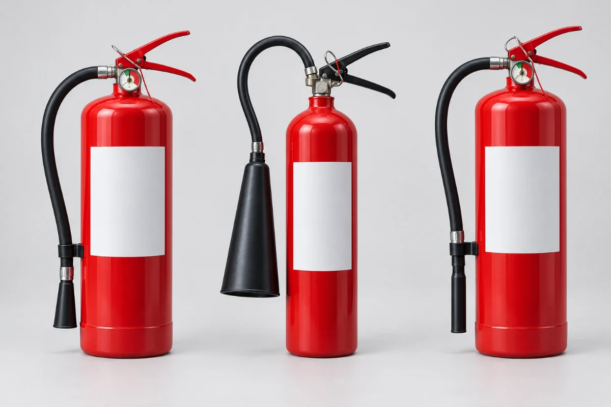 Ilustrasi tiga APAR: dry chemical dengan manometer, CO2 dengan corong, dan air dengan manometer