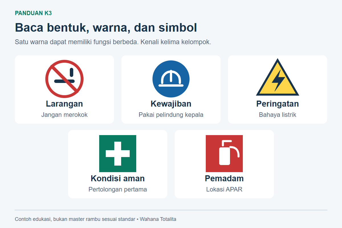 Lima contoh rambu edukatif: larangan merokok merah, kewajiban helm biru, peringatan listrik segitiga kuning, P3K hijau, lokasi APAR merah.