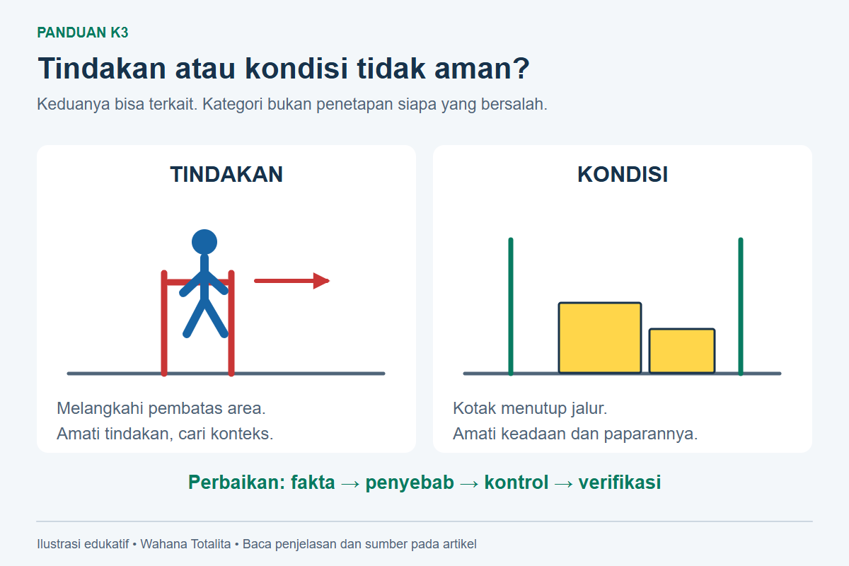 Perbandingan: tindakan orang melangkahi pembatas versus kondisi kotak menghalangi jalur; langkah perbaikan menelusuri fakta, penyebab, kontrol dan verifikasi.