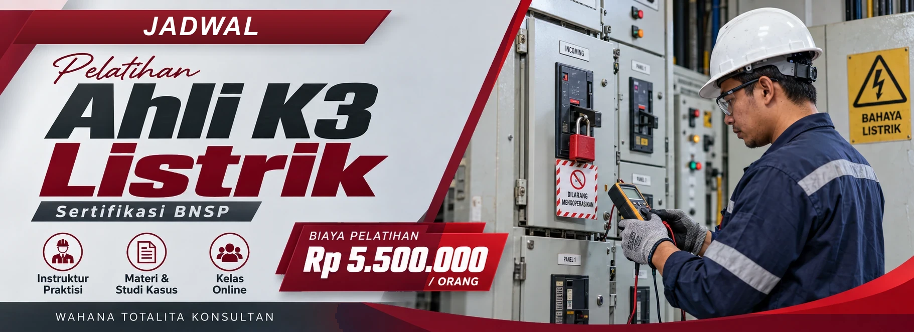 Jadwal Pelatihan Ahli K3 Listrik Sertifikasi BNSP Online, sertifikasi Sertifikasi BNSP. Poster program dengan informasi biaya dan metode pelatihan.