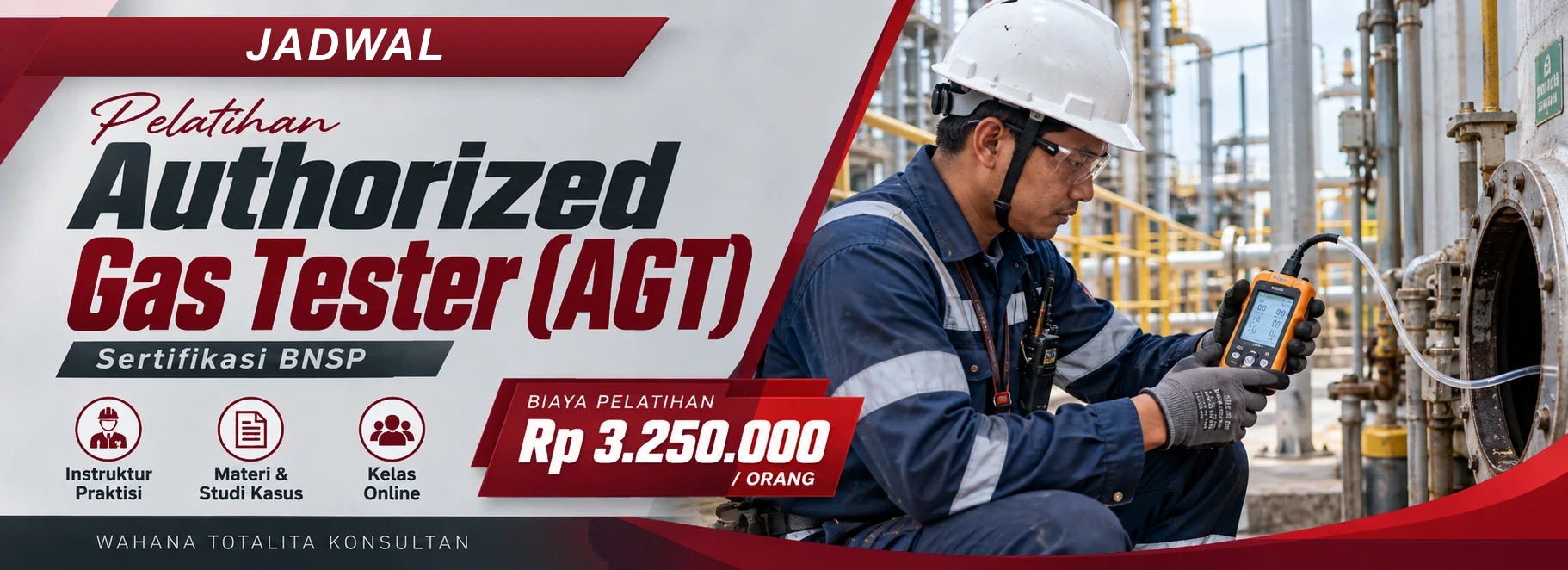 Jadwal Pelatihan Authorized Gas Tester (AGT) Sertifikasi BNSP Online, sertifikasi Sertifikasi BNSP. Poster program dengan informasi biaya dan metode pelatihan.