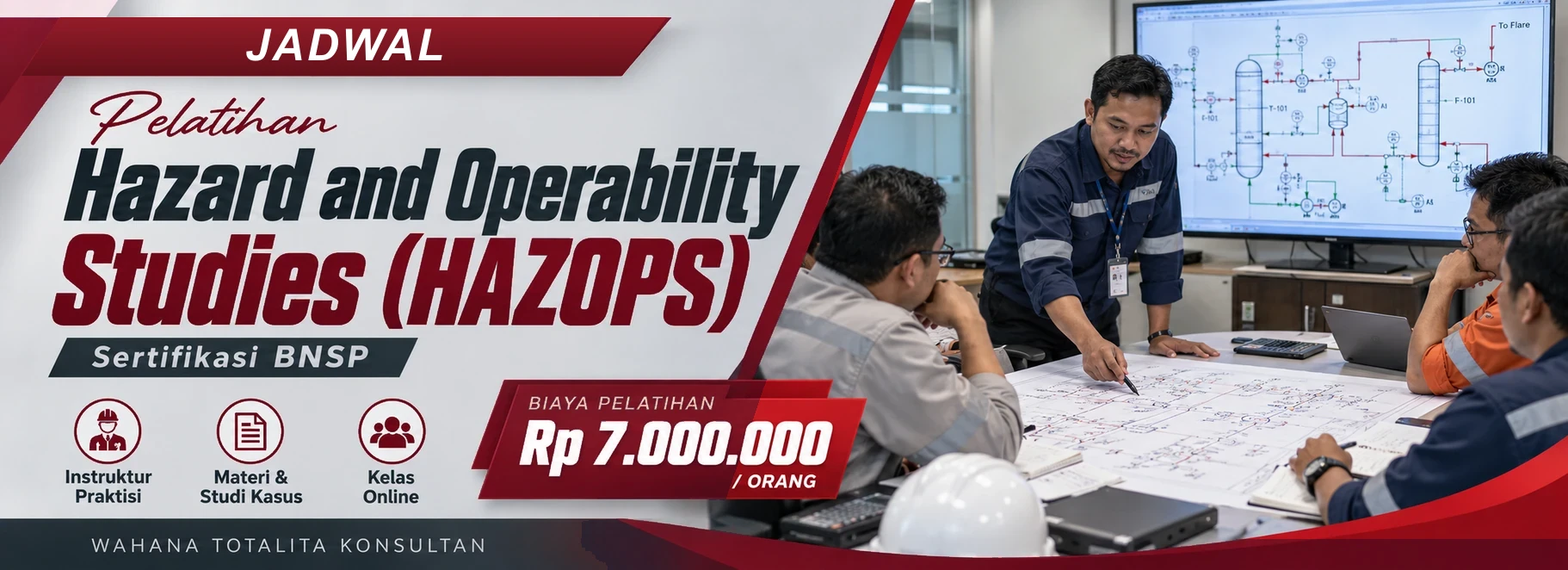 Jadwal Pelatihan Hazard and Operability Studies (HAZOPS) Sertifikasi BNSP Online, sertifikasi Sertifikasi BNSP. Poster program dengan informasi biaya dan metode pelatihan.