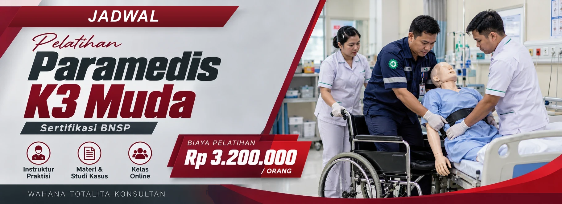 Jadwal Pelatihan Paramedis K3 Muda Sertifikasi BNSP, sertifikasi Sertifikasi BNSP. Poster program dengan informasi biaya dan metode pelatihan.