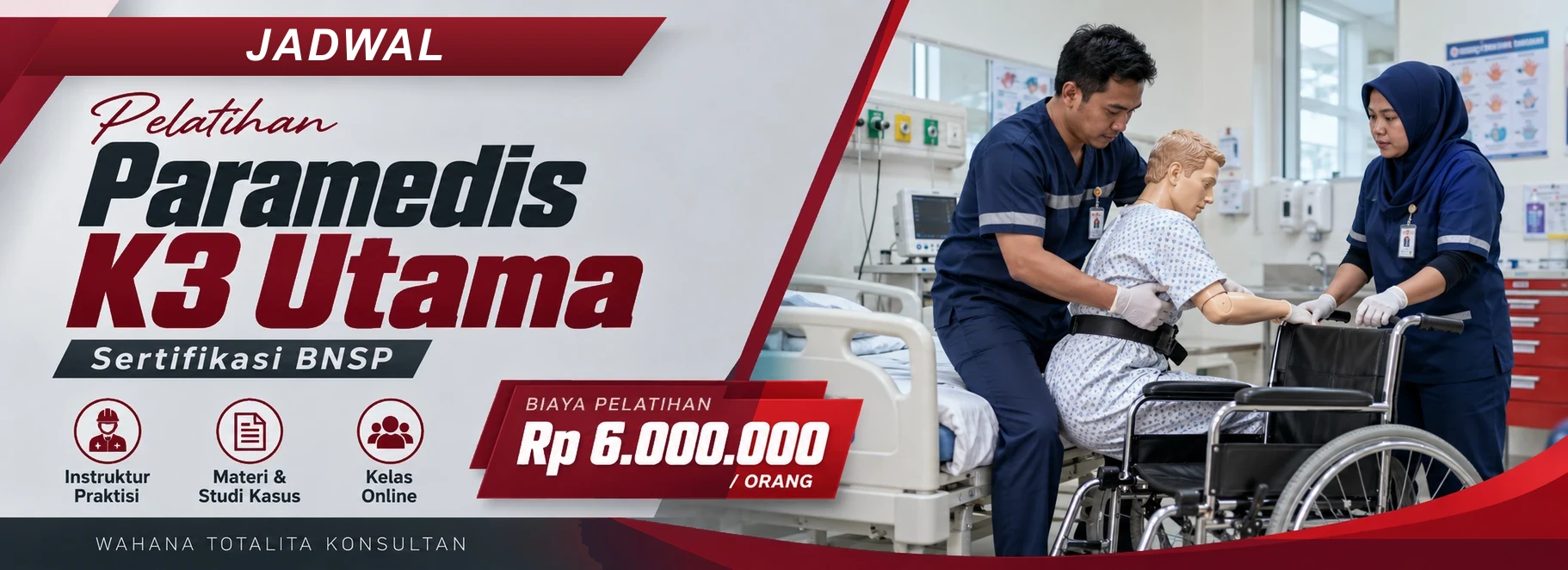 Jadwal Pelatihan Paramedis K3 Utama Sertifikasi BNSP Online, sertifikasi Sertifikasi BNSP. Poster program dengan informasi biaya dan metode pelatihan.