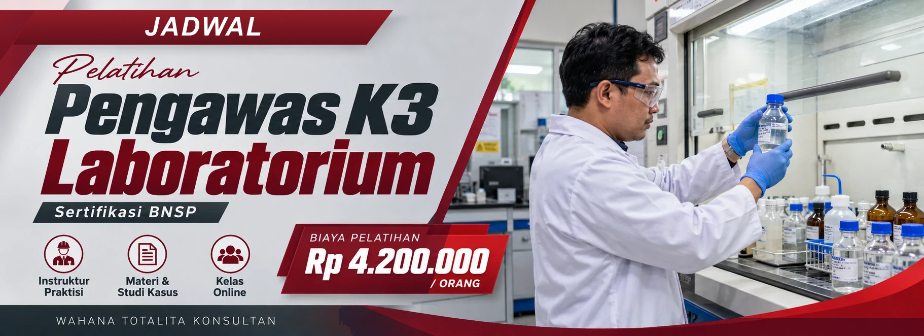 Jadwal Pelatihan Pengawas K3 Laboratorium Sertifikasi BNSP Online, sertifikasi Sertifikasi BNSP. Poster program dengan informasi biaya dan metode pelatihan.