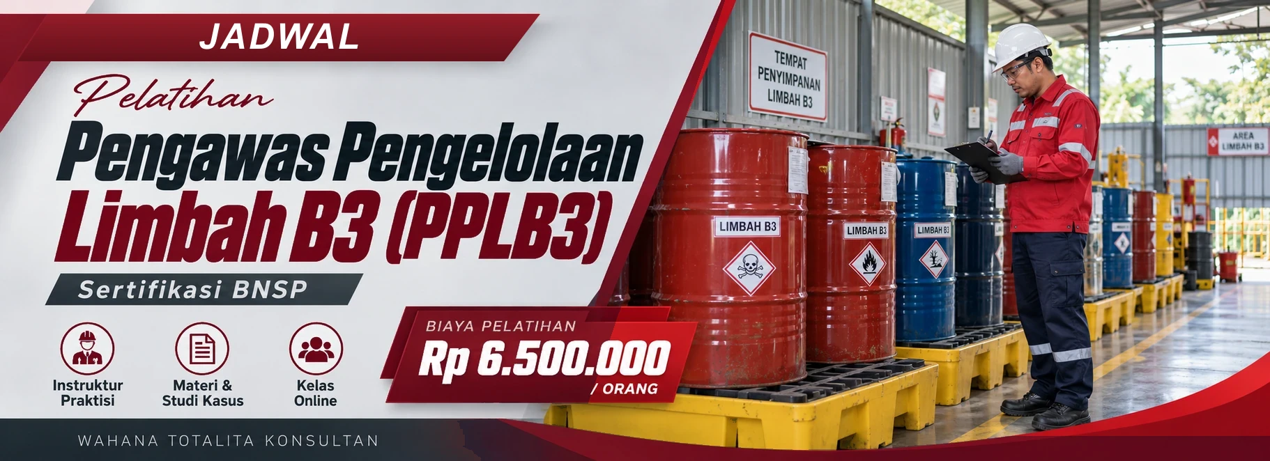 Jadwal Pelatihan Pengawas Pengelolaan Limbah B3 (PPLB3) Online Bersertifikat BNSP, sertifikasi Sertifikasi BNSP. Poster program dengan informasi biaya dan metode pelatihan.