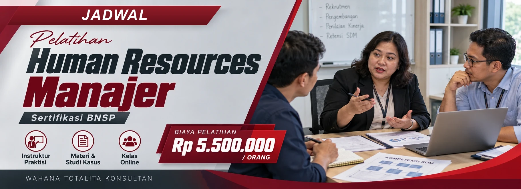 Jadwal Pelatihan & Sertifikasi Human Resources Manajer Sertifikasi BNSP, sertifikasi Sertifikasi BNSP. Poster program dengan informasi biaya dan metode pelatihan.