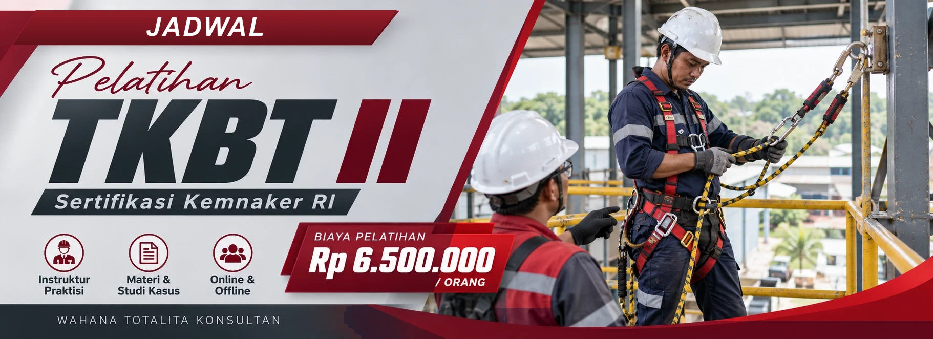 Jadwal Pelatihan TKBT II Sertifikasi Kemnaker RI, sertifikasi Sertifikasi KEMNAKER RI. Poster program dengan informasi biaya dan metode pelatihan.