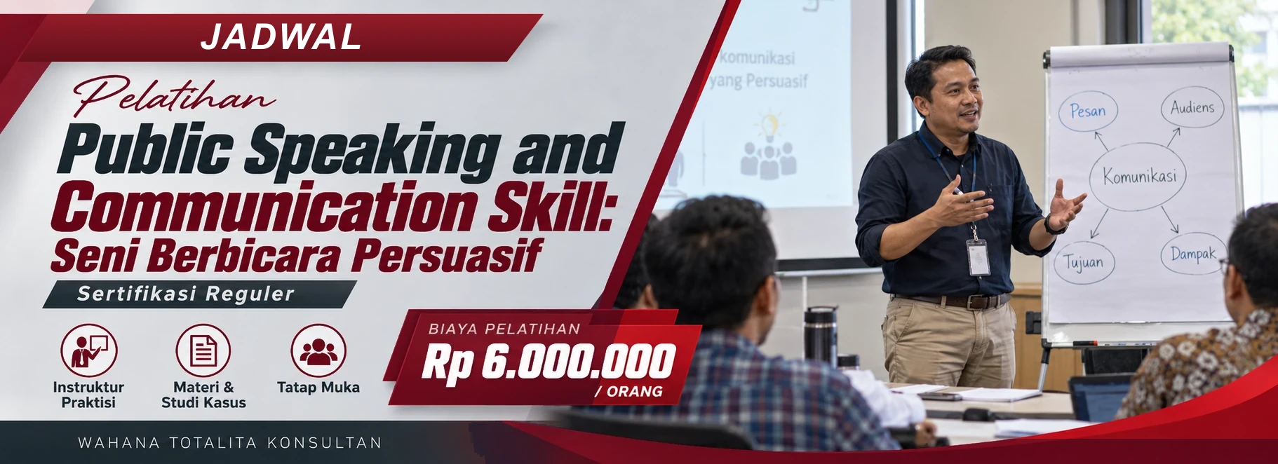 Jadwal Training Public Speaking and Communication Skill: Seni Berbicara Persuasif, sertifikasi Sertifikasi Reguler. Poster program dengan informasi biaya dan metode pelatihan.